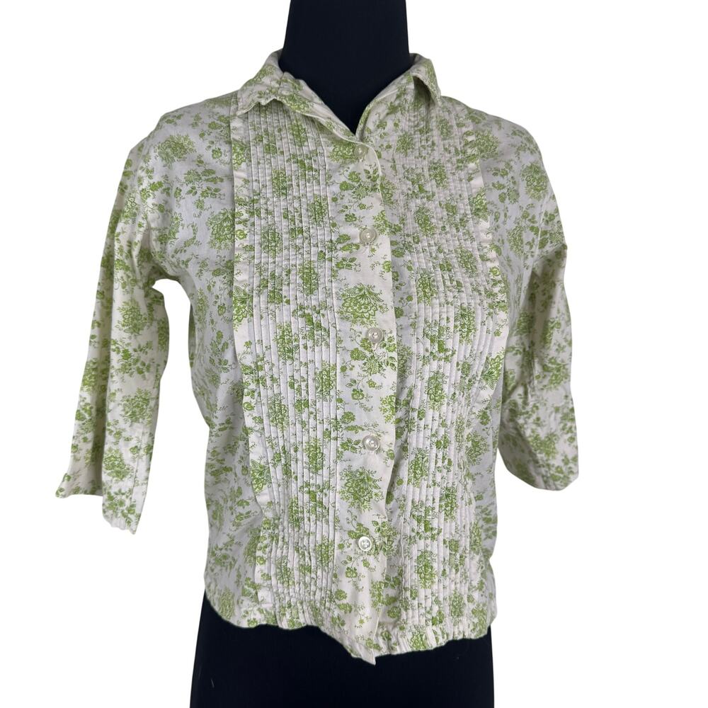 Vintage 50s 60s The Mad Shirter Green Floral Pintuck Blouse Cotton Plisse Small